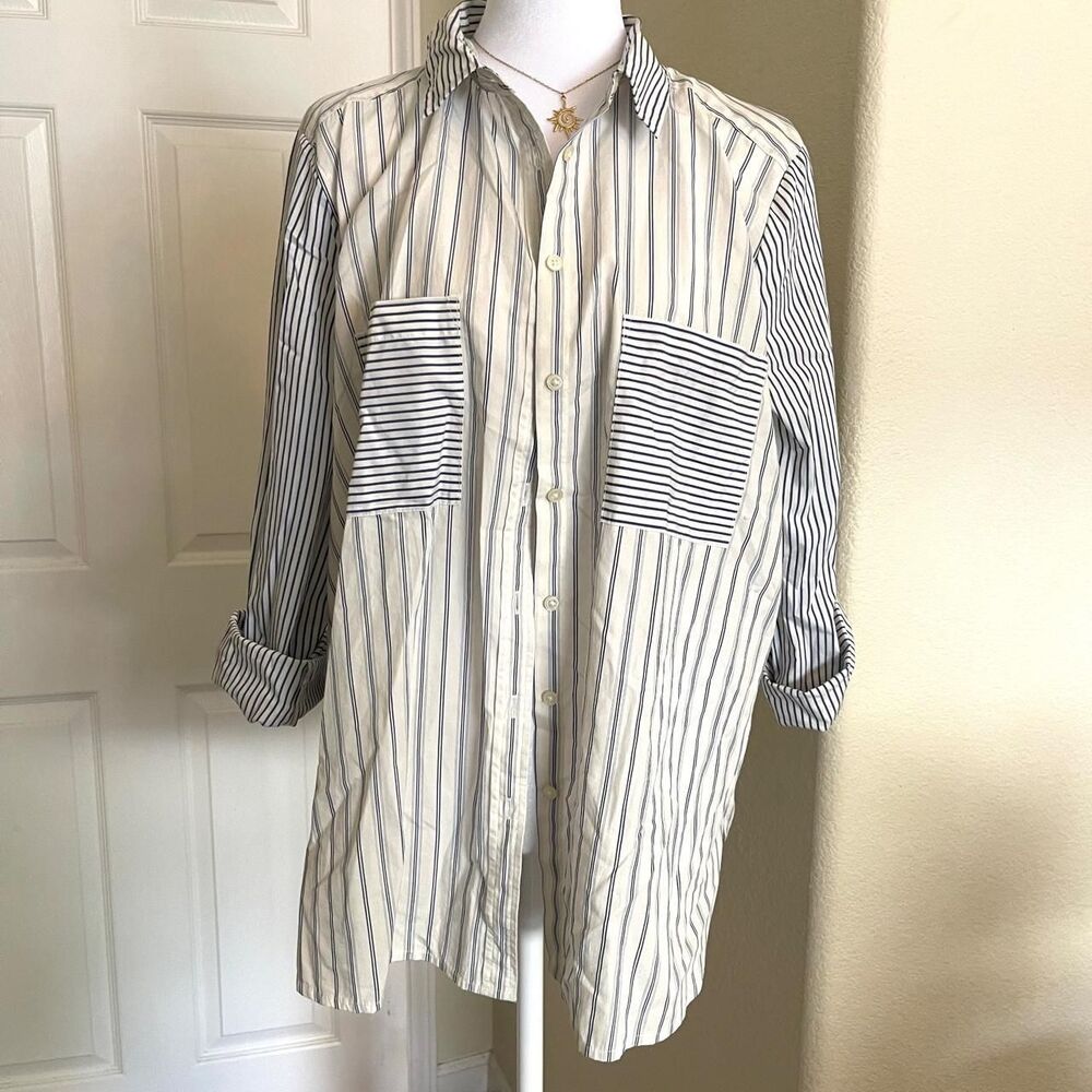LOFT coastal blue and white pinstripe cotton button down - size large